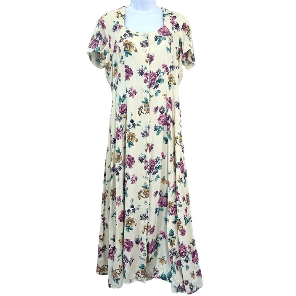 Vintage 90s Floral Cream Button Down Maxi Dress Size M/L Cottagecore